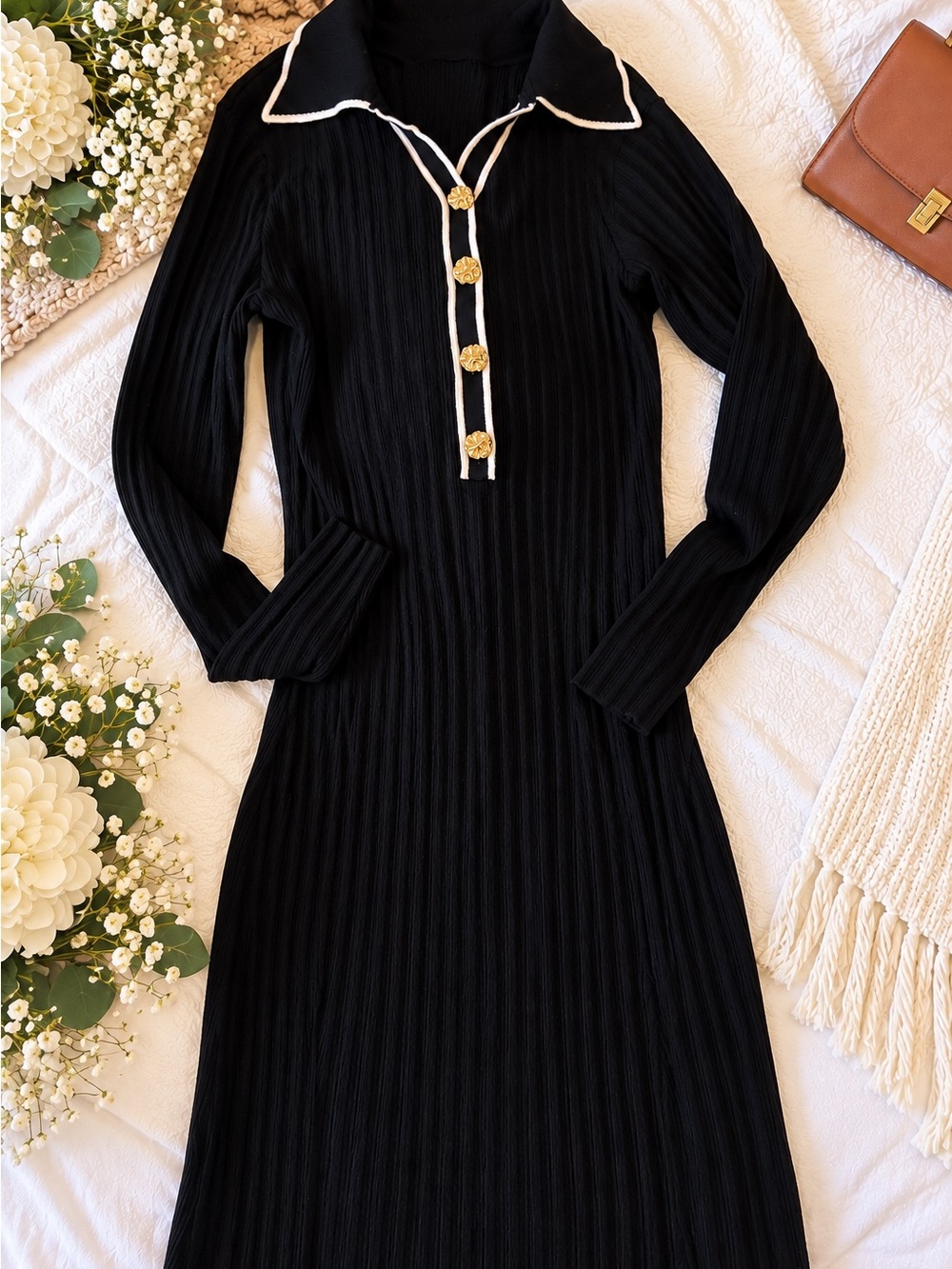 Black Long-Sleeve Ribbed Polo Dress with Contrast Trim